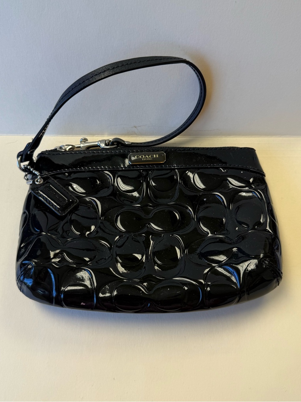 Vintage Coach Black Patent Leather Signature Embossed Wristlet.